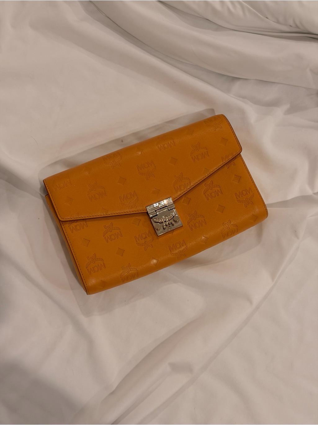 Mcm Sunflower Yellow Embossed Leather Clutch With Gold Lock